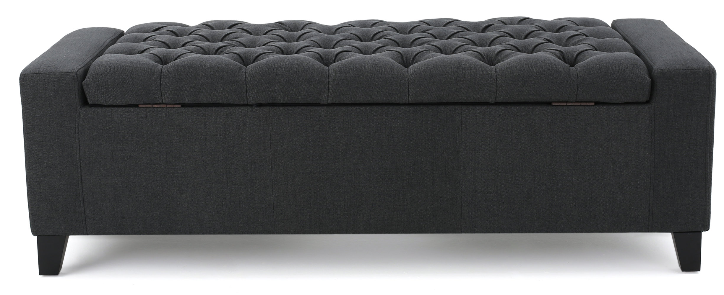 Luxury Shandra Charcoal Grey Tufted Top Storage Bench with Rich Wooden Legs