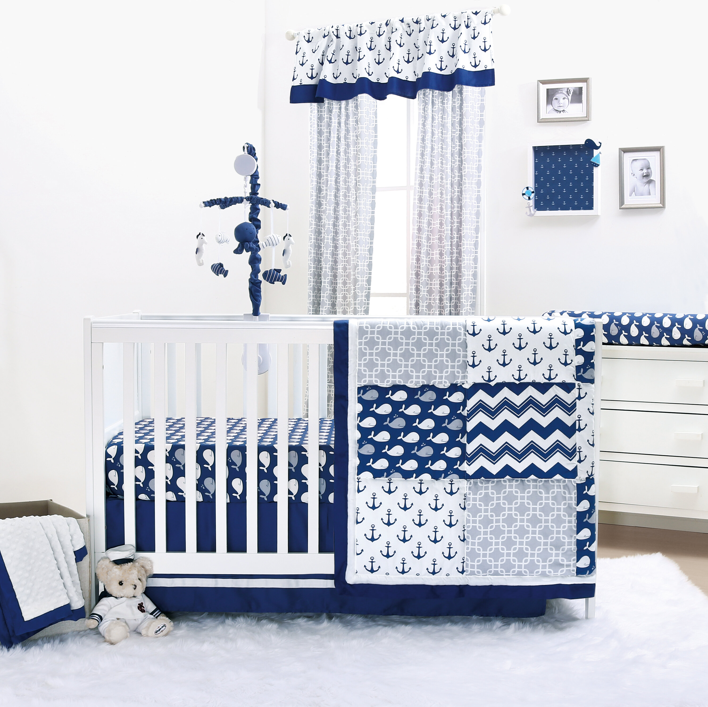 The Peanut Shell Navy Whale Essentials 11 Piece Crib Bedding Set