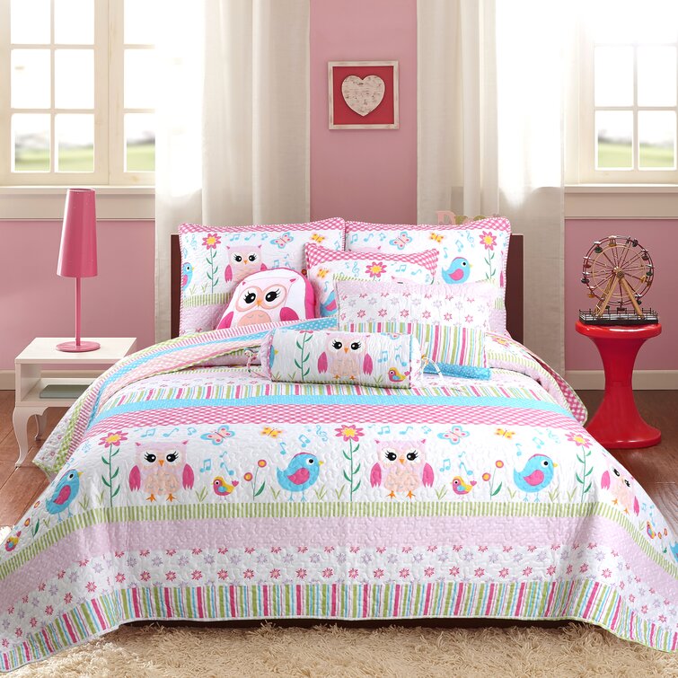 Twin Better Home Style Multicolor Patchwork Pink Green Blue Owls Birds Floral Hearts Butterflies Fun Design 5 Piece Comforter Bedding Set for Girls/Kids Bed in a Bag with Sheet Set # Patchwork Owl
