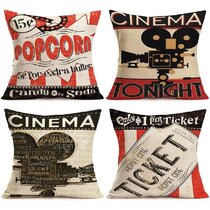 Movie Film Retro Motif Pillow Covers Popcorn Tickets Theater