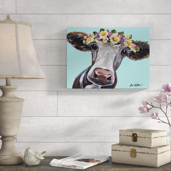 August Grove Cow Cora Flower Crown Blue Acrylic Painting Print
