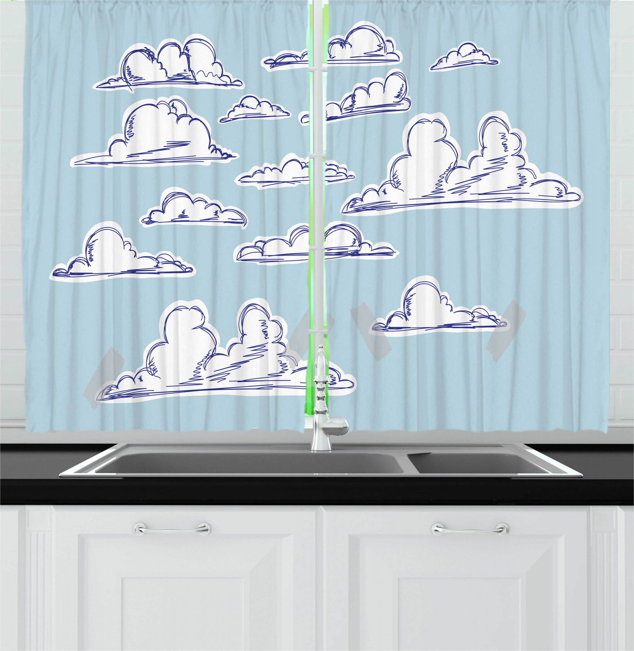 East Urban Home 2 Piece Blue Sky Continuous Sketch Style Clouds Cloudy Sky Fluffy Drawing Illustration Kitchen Curtain Set Wayfair