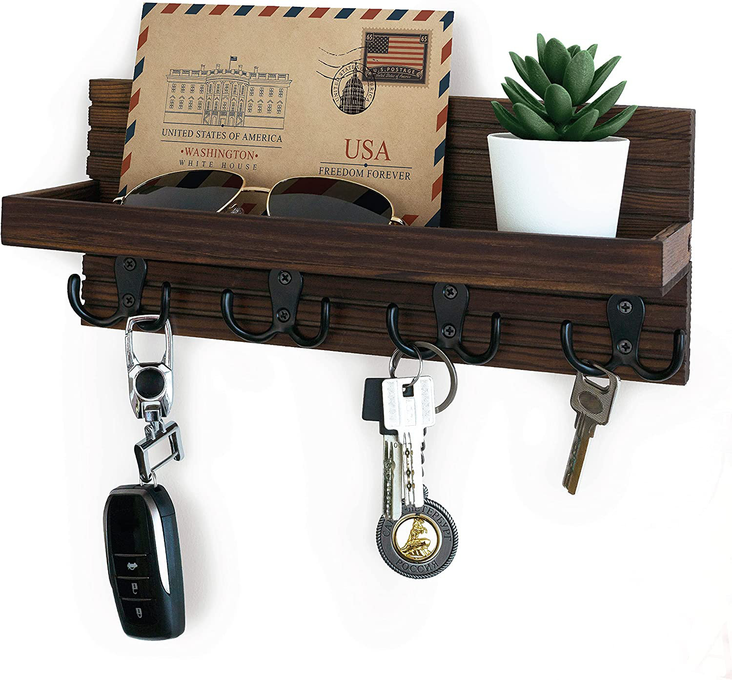 Kovome Wooden Wall Mail Organizer With Key Hooks 