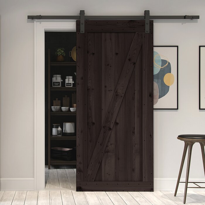Paneled Wood Finish Prehung Barn Door With Installation Hardware Kit