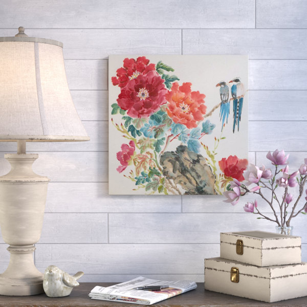 August Grove Mountain Jays And Peonies Acrylic Painting Print On