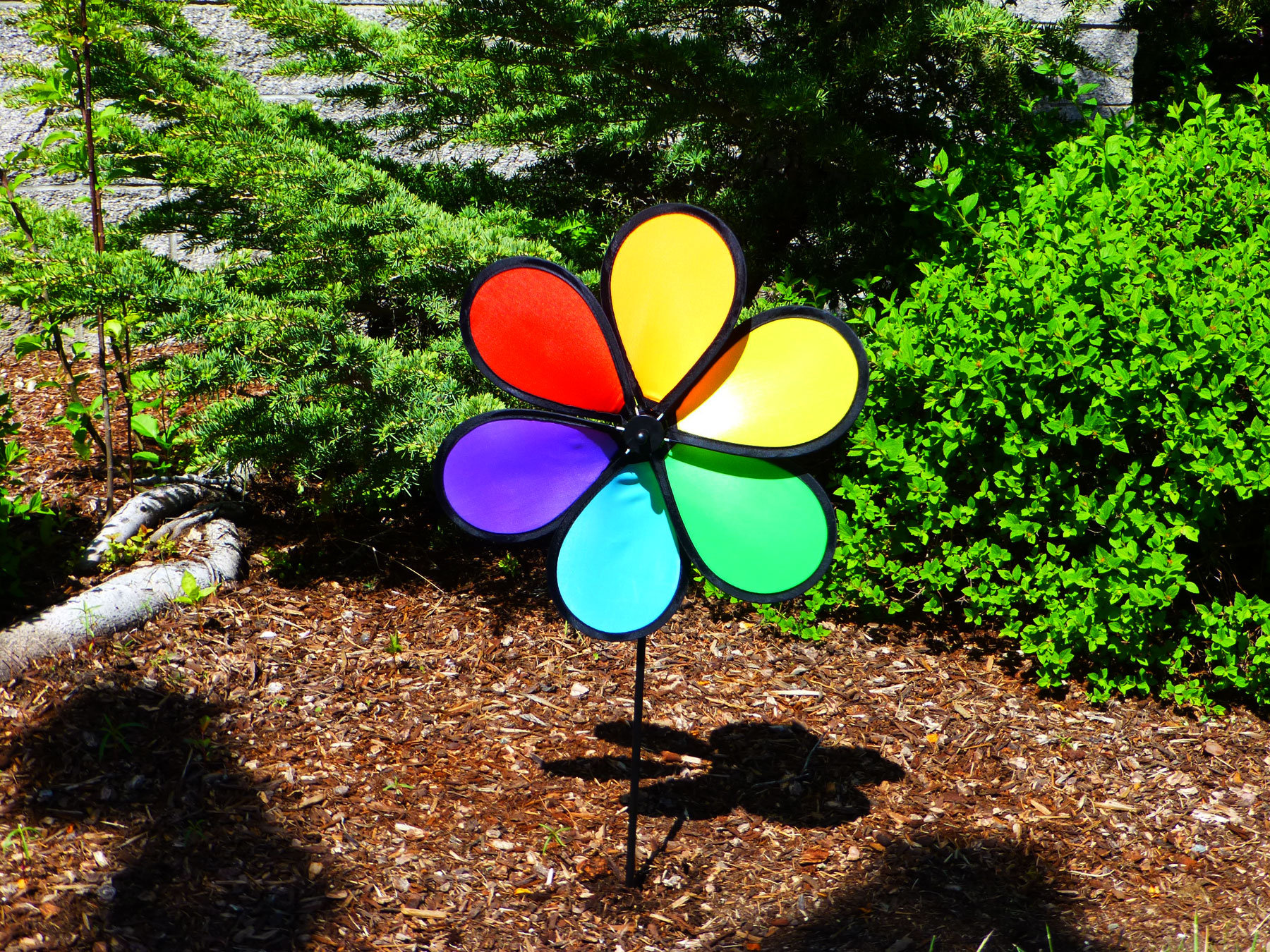 Ground Stake Included Colorful Wind Spinner for your Yard and Garden In the Breeze Double Wheel Rainbow Flower with Leaves 