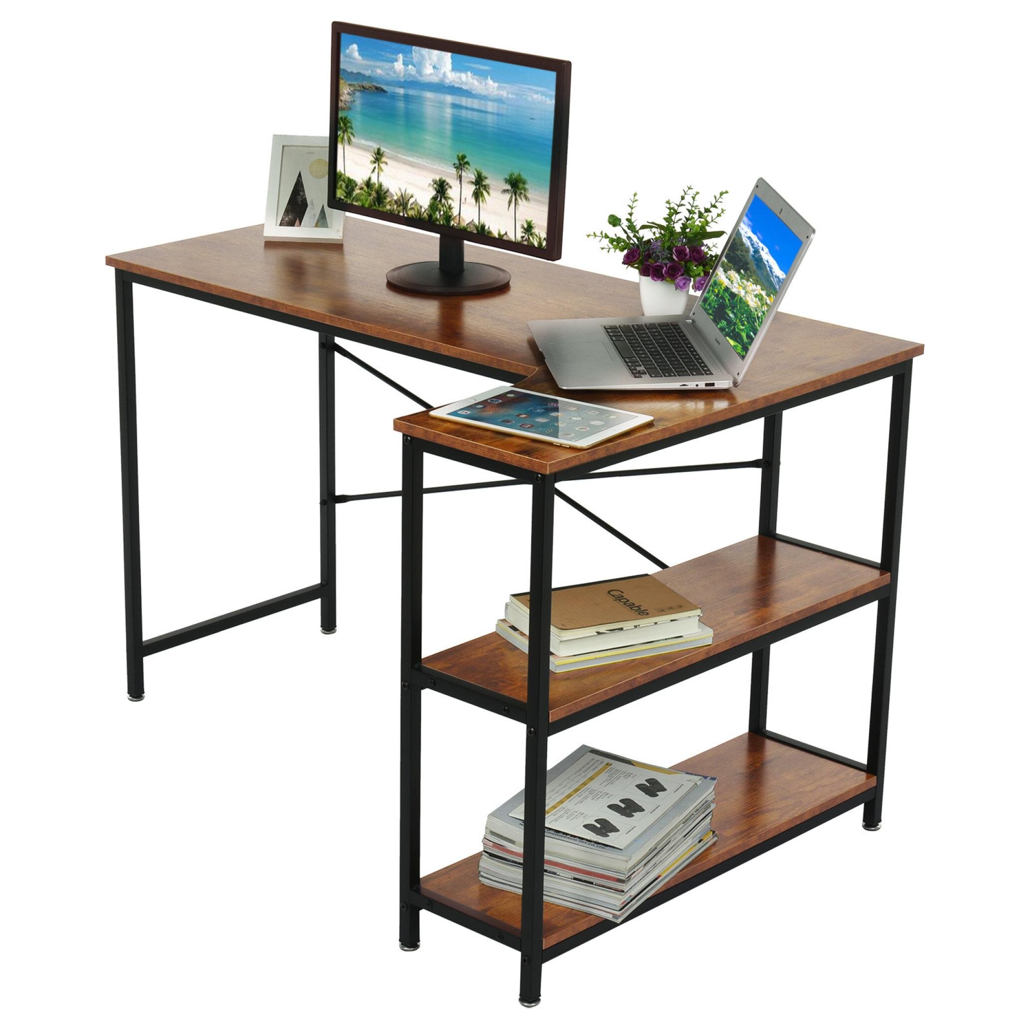 Inbox Zero L Shaped Computer Desk With Storage Shelves Study Table