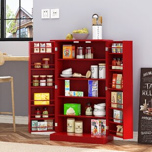 Kitchen Pantry Cabinet Tall Storage Organizer Utility Shelf Cupboard Wood Red 
