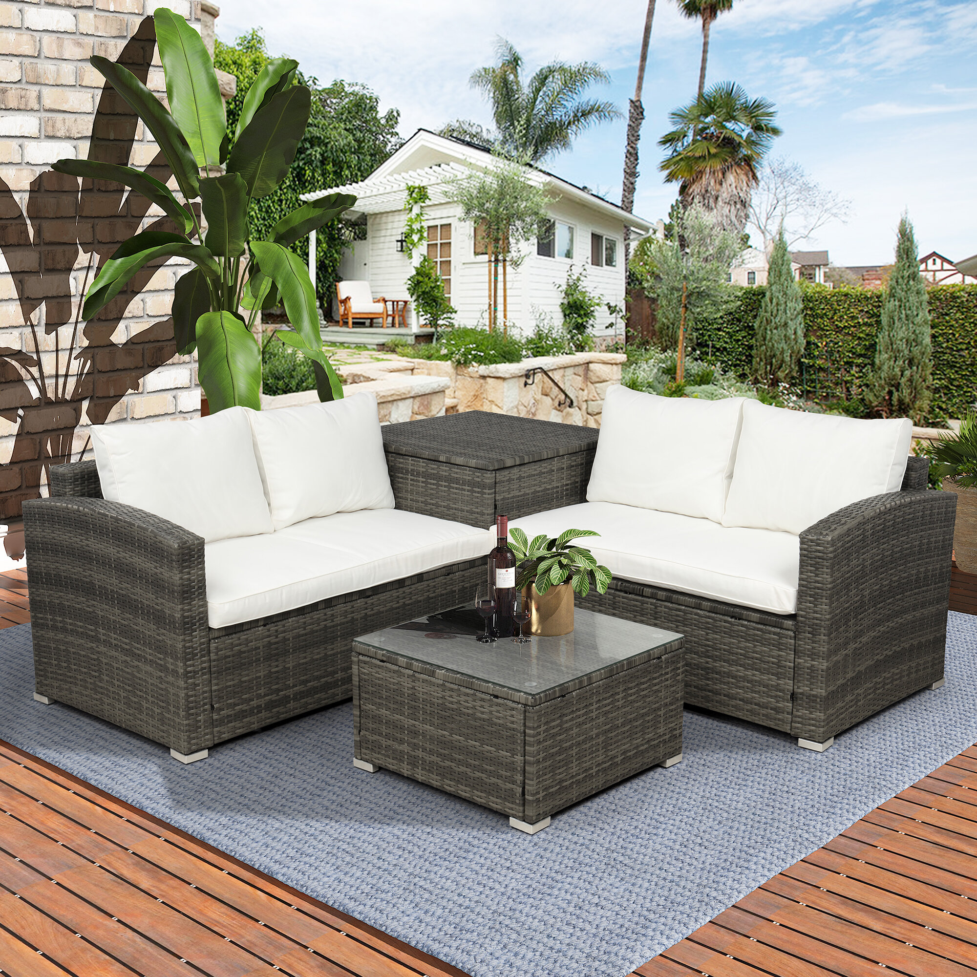 Red Barrel Studio 4 Piece Outdoor Patio Furniture Set Rattan Wicker Sectional Sofa Loveseat With Coffee Table Storage Ottoman Backyard Porch Lawn Wayfair Ca