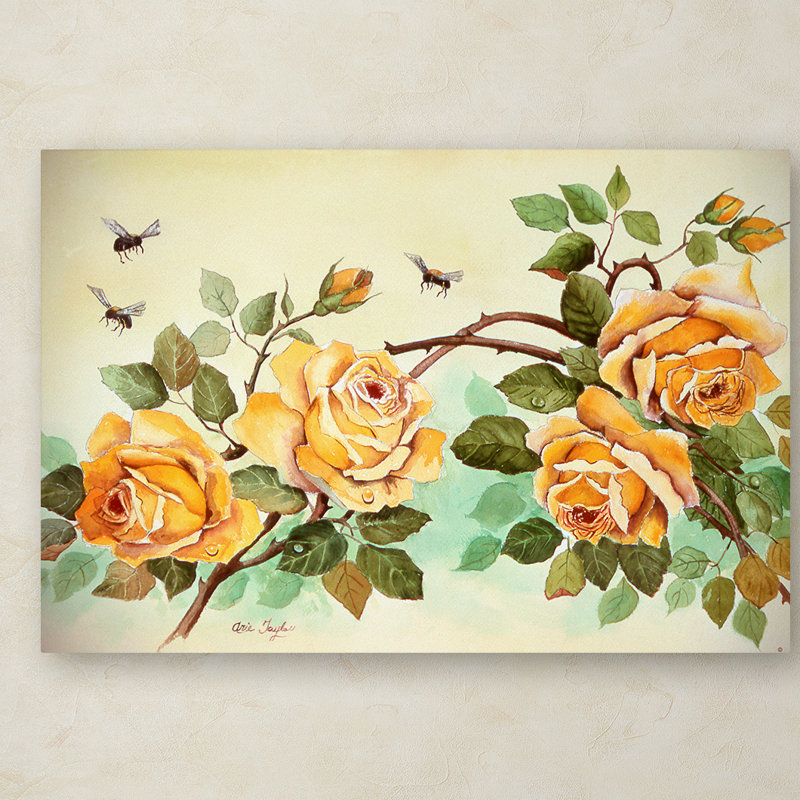 Trademark Art Yellow Roses With Bees Oil Painting Print On