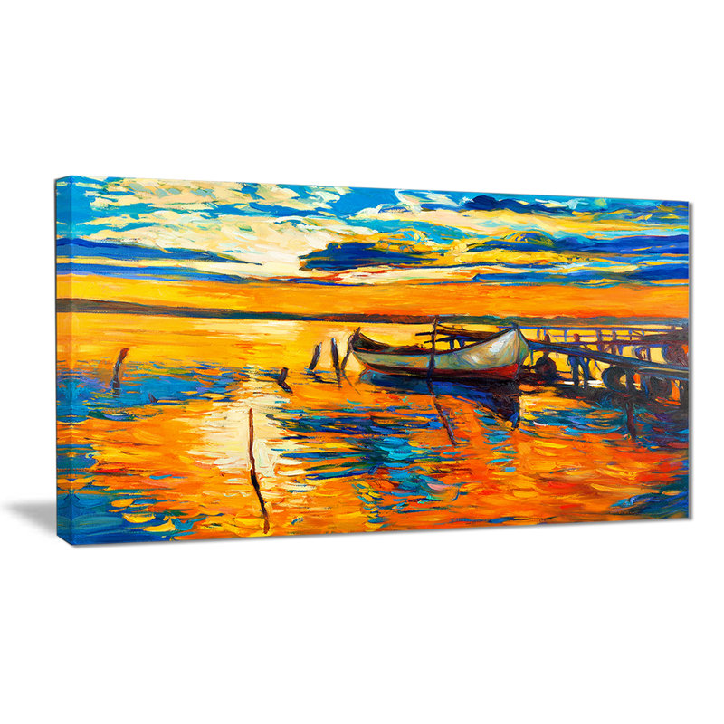 Breakwater Bay Boat And Jetty At Sunset Landscape Painting Print