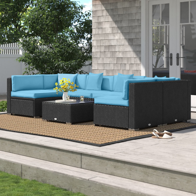 iMerton 7-Piece Patio Furniture Set, Outdoor Wicker Conversation Set, All Weather PE Rattan Sectional Sofa Set with Cushions and Faux Wood Table, Stripe Pillows Cushion Color: Light Blue