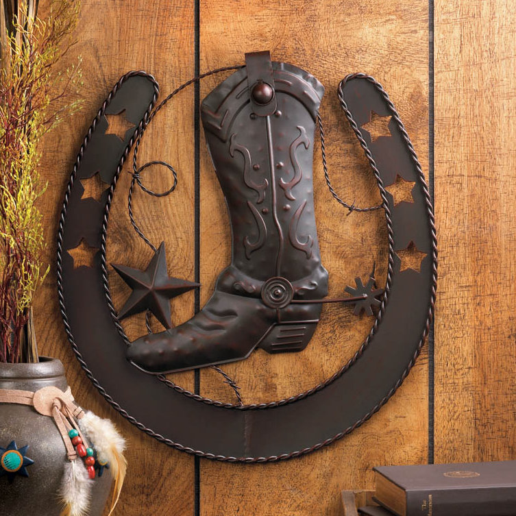 Hanging Wall Clock Western Home Decor Accent.Collage of Cowboy hat,Rope BOOTS.