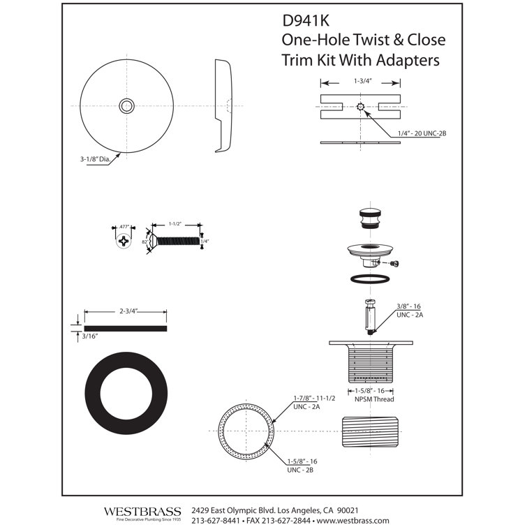 Westbrass Twist and Close Drain Stopper Tub Drain With ...