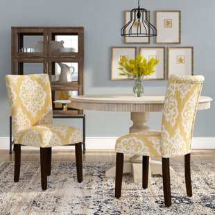 Natane Yellow & Cream Damask Parsons Chair (Set of 2) by Bungalow Rose