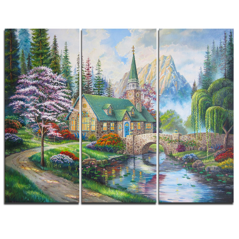 Designart Church In Forest Oil Painting 3 Piece Graphic Art On
