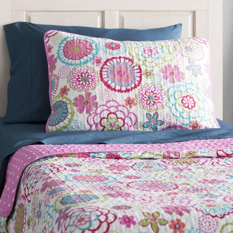 Greta Pastel Polka Dot Pink Green Blue Flower 100% COTTON Bedspread Coverlet,Gifts for Kids Girls Twin -5pc: 1 quilt + 1 sham + 3 Decorative Pillows Cozy Line Home Fashions 5-Piece Quilt Bedding Set BB-K-11711A1