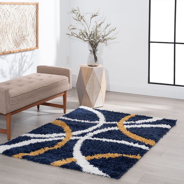 Navy Fluffy Rug Deep Pile Shaggy Modern Pattern Circle Mat Bedroom Floor Carpet 
