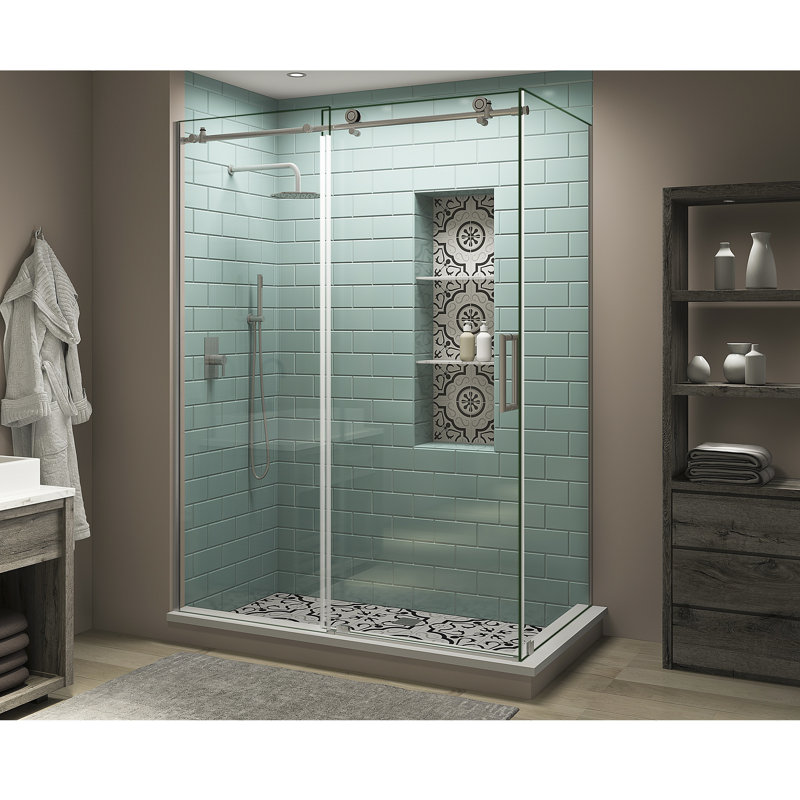 Coraline XL 64" - 68" W x 38" D x 80" H Frameless Rectangle Sliding Shower Enclosure Frame Finish: Stainless Steel, Door Configuration: Right