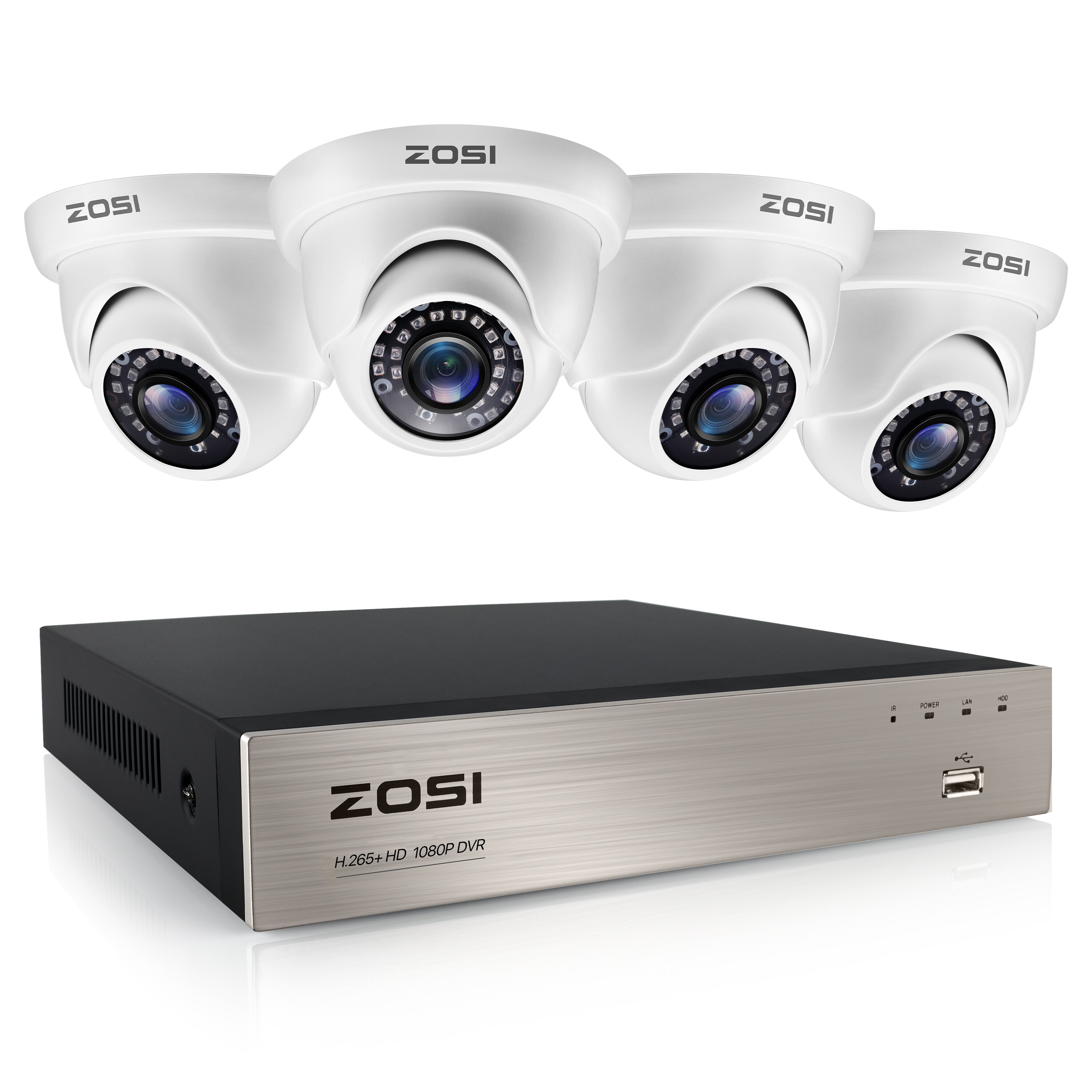 ZOSI H.265 No Hard Drive Full 1080p Home Security Camera System,5MP Lite CCTV DVR Recorder 4 Channel and 4 x 2MP 1080P Weatherproof Surveillance Dome Camera Outdoor Indoor with 80ft Night Vision 