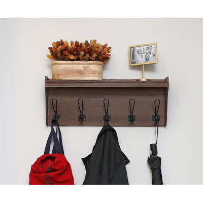 Solid Wood 5 - Hook Wall Mounted Coat Rack with Storage