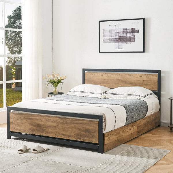 natural wooden bed frame with storage drawers queen