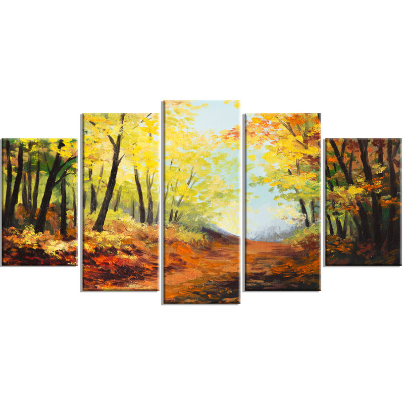 Designart Autumn Forest Pathway Landscape 5 Piece Painting Print On Wrapped Canvas Set Wayfair