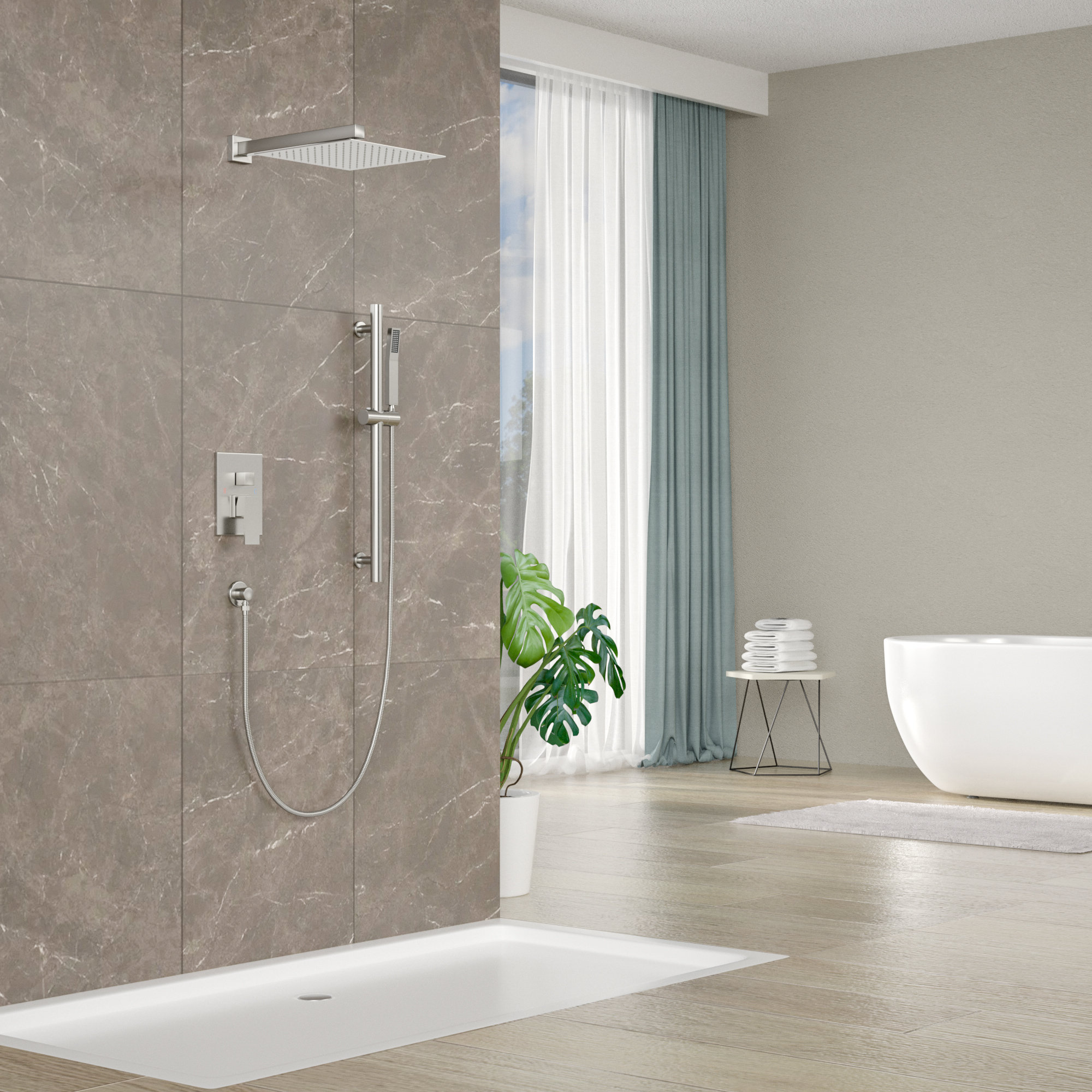 Logmey Shower System 10 Inch Rain Shower Head And Handheld Head Bathroom Shower Faucet Set Trim Kit With Valve Combo Brushed Nickel Wayfair