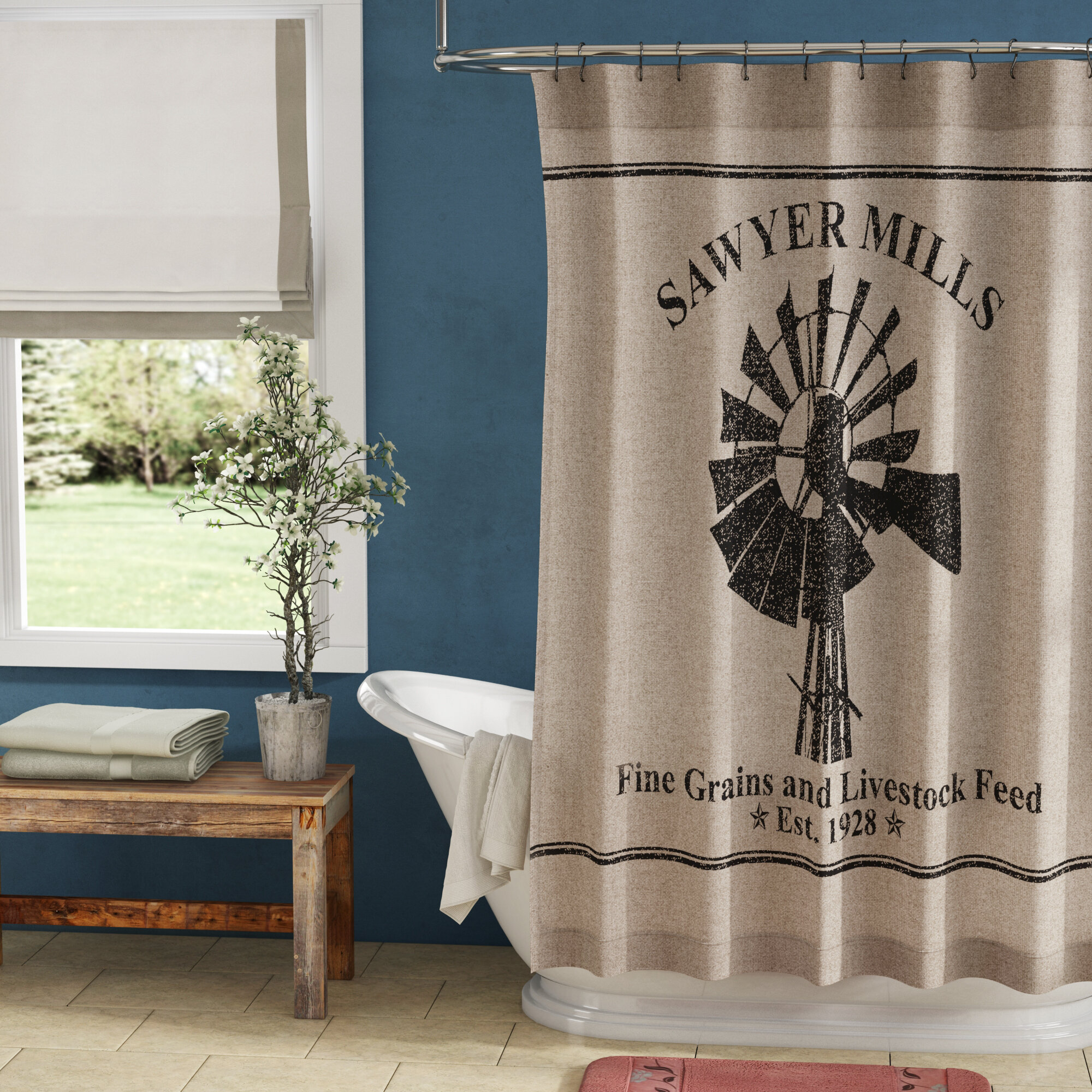 Sawyer Mill Charcoal Pig Country Farmhouse Cottage Stenciled Shower Curtain