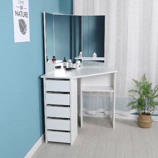 White FREDEES Vanity Table Set Corner Curved Dressing Table Makeup Desk with 5 Drawer 3 Mirror Dressing Table for Bedroom