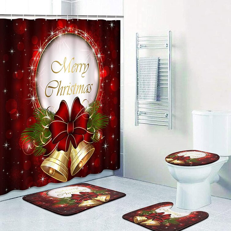 4 Pcs Christmas Shower Curtain Set with Bath Mat,Rugs and Toilet Mat for Bathroom Waterproof Red Xmas Shower Curtain with 12 Hooks for Home Hotel Decoration