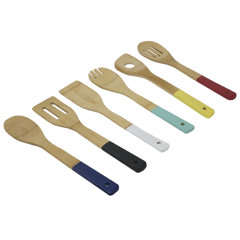 6 Pieces: Spoon Salad Tosser Spatula Slotted Spoon Spoon with Hole Slotted Spatula Adeco Bamboo Kitchen Utensil Tool Set