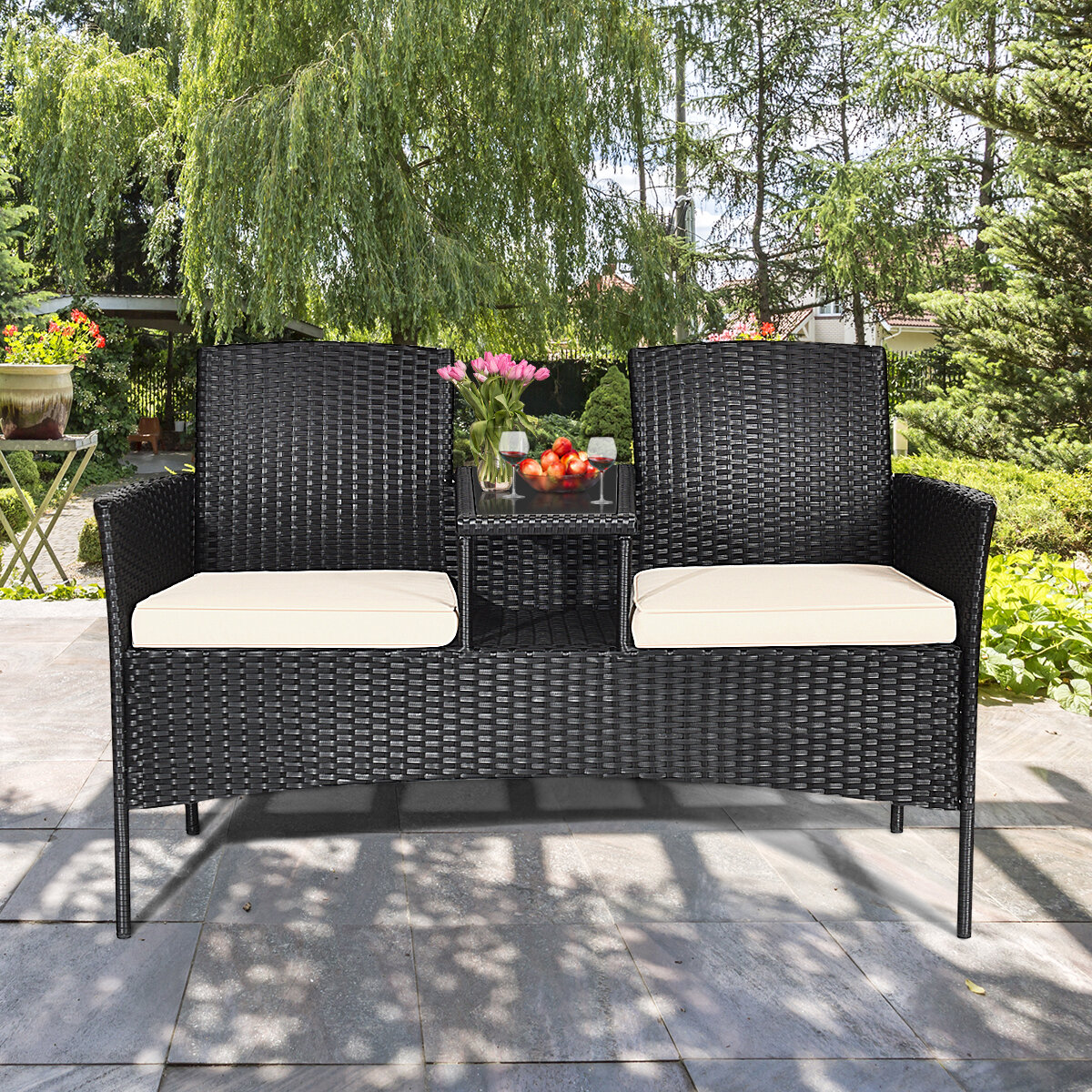 black rattan garden bench