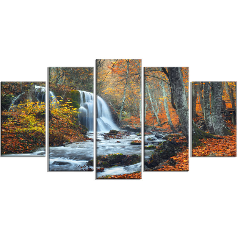 Waterfall Wall Art designart 'autumn mountain waterfall' 5 piece wall art on wrapped Waterfall Wall Art designart 'autumn mountain waterfall' 5 piece wall art on wrapped