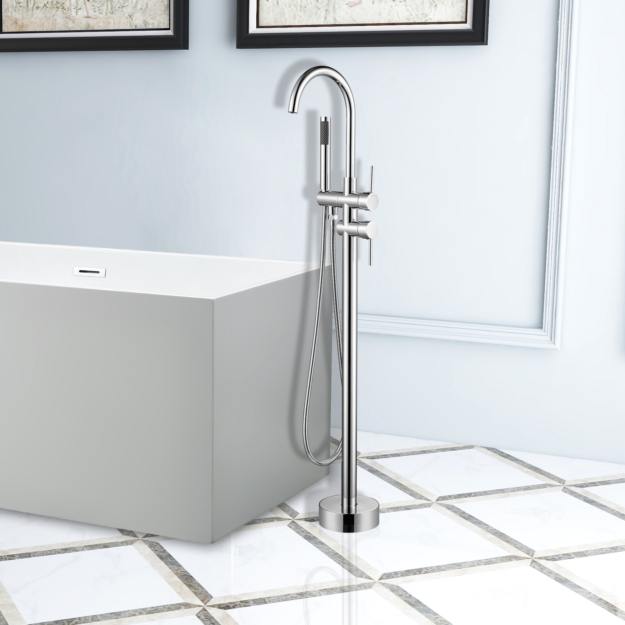 Single Handle Floor Mounted Tub Filler Trim With Hand Shower