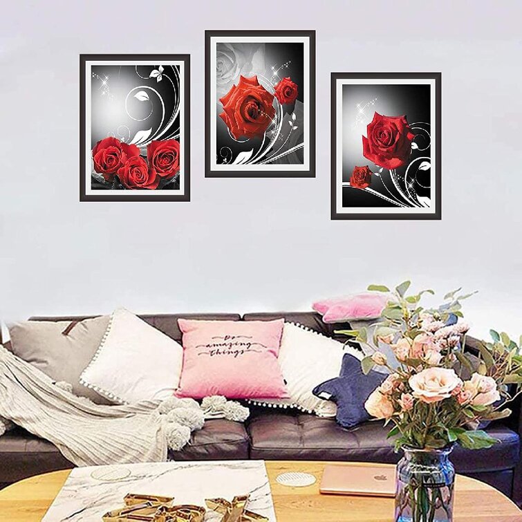 3pcs Set Modern Red Rose Oil Paintings Wall Hanging Mural Living Room Decoration