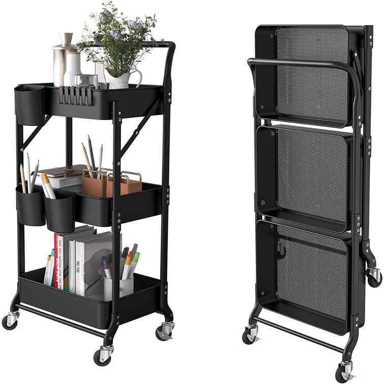 3 Tier Foldable Metal Rolling Cart, Metal Trays Utility Cart With Handle And Wheels, 3 Hanging Cups And 6 Hooks Storage Organizer Cart, Collapsible ...