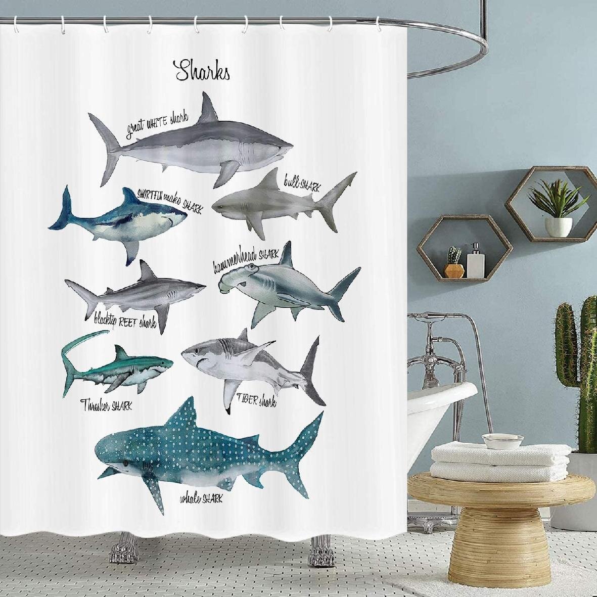 Waterproof Ferocious Great White Shark Shower Curtain Bathroom Decor Mat Hooks 