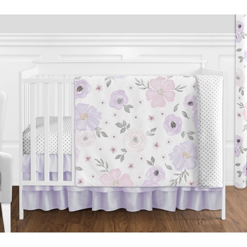 Pink Rose Flower Grey and White Window Treatment Panels Curtains for Watercolor Floral Collection Set of 2 Sweet Jojo Designs Lavender Purple
