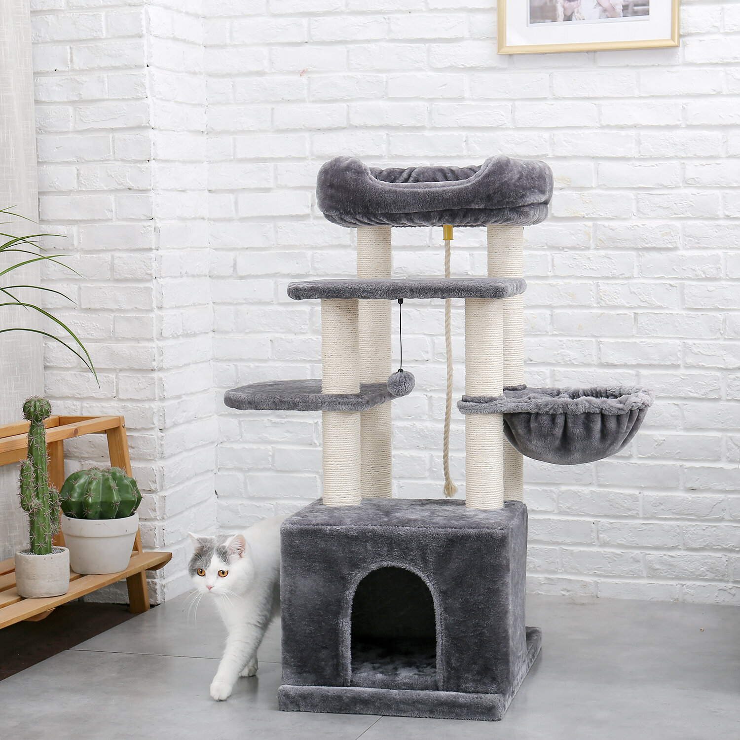Padded Perch and Dangling Ball PAWZ Road 57 Inches Cat Tree 4 Levels Platform for Large Cats Featuring with Fully Scratching Posts Hammock 