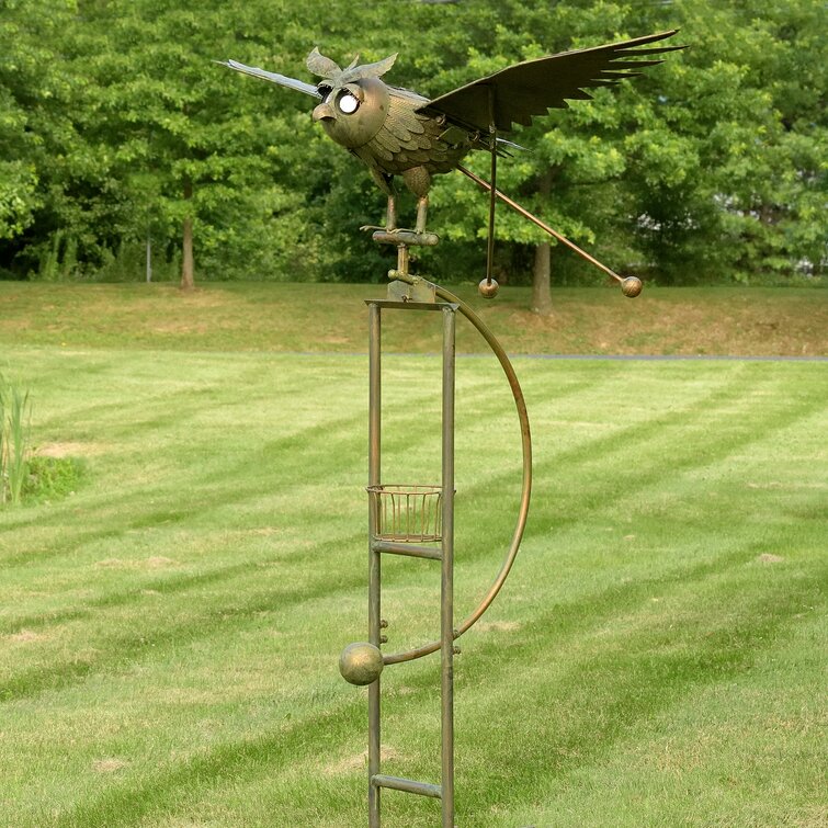 SPINS IN THE WIND GARDEN OWL METAL BIRD ORNAMENT BALANCE ROCKER OWL WITH STAKE 