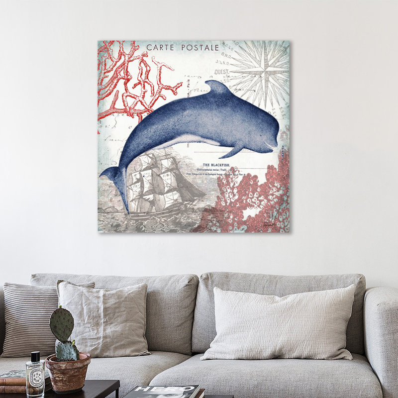 Breakwater Bay Seaside Postcard Whale Graphic Art Print On Wrapped Canvas Wayfair