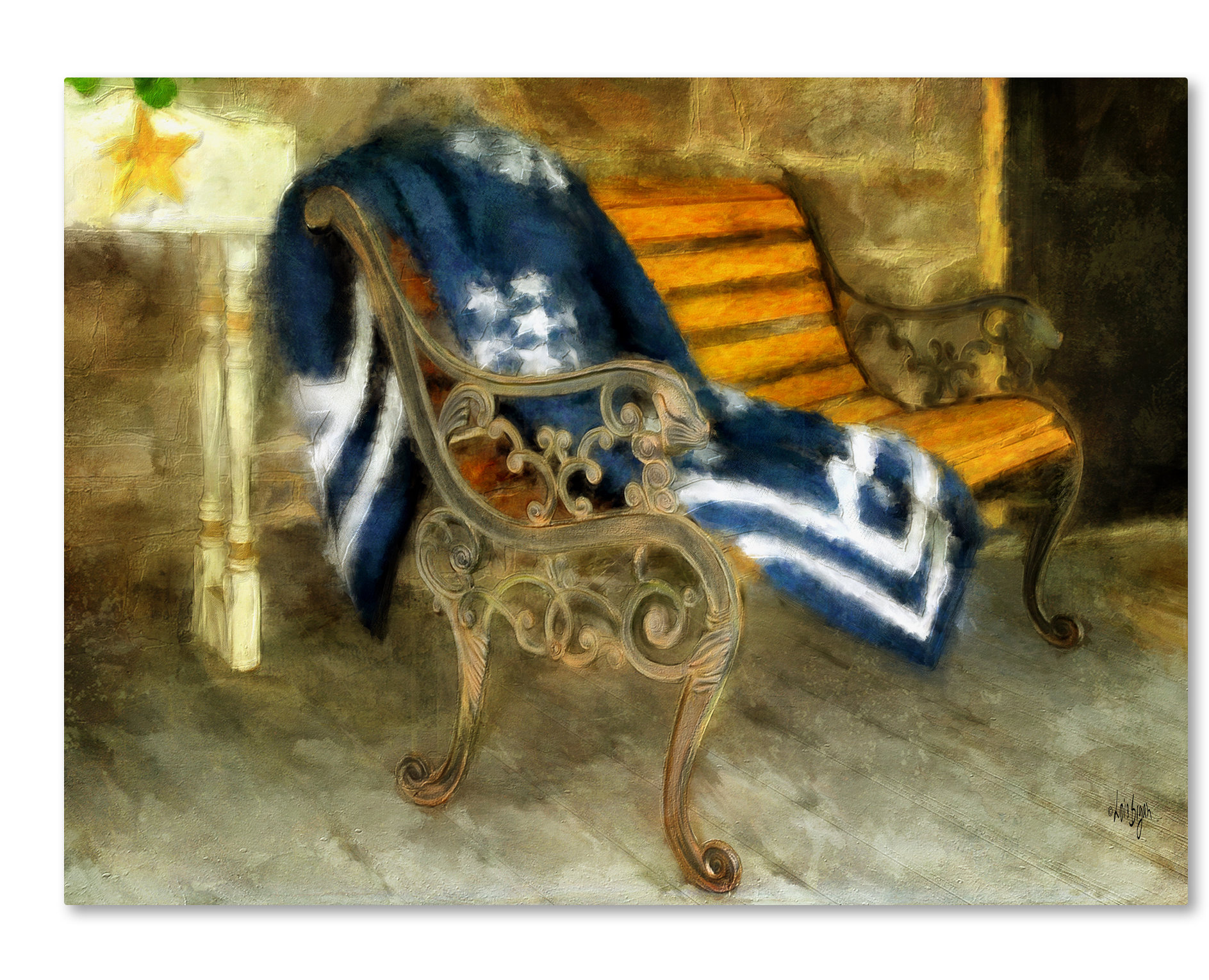 Trademark Art The Blue Quilt On The Bench Lois Bryan Painting