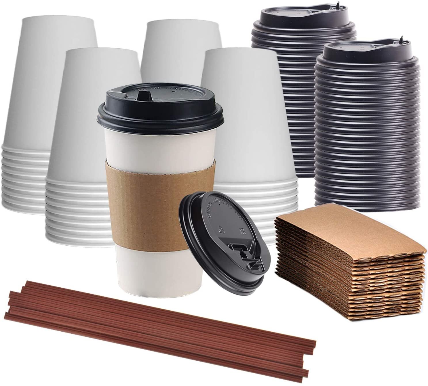 -TRY ME straws and sleeves 12 oz Set of 100 Paper coffee Hot cups with lids 