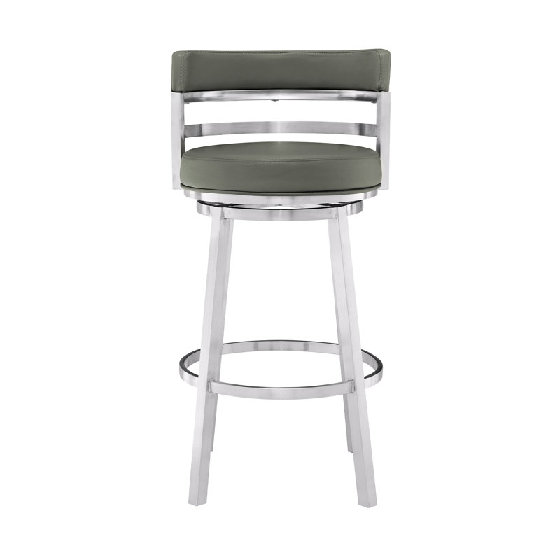 ( color white ) Deherrera Modern Swivel Counter or Bar Stool with Open Low Back and Footrest in Metal and Faux Leather Color/Pattern: Brushed Stainless Steel, Upholstery: White, Seat Height: Bar Stool (30\" Seat Height)