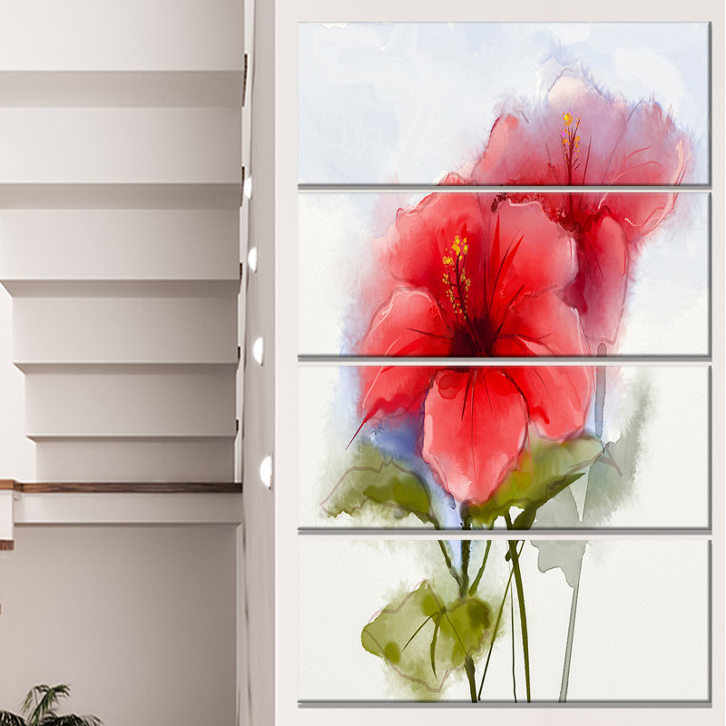 Designart Watercolor Painting Red Hibiscus Flower 4 Piece
