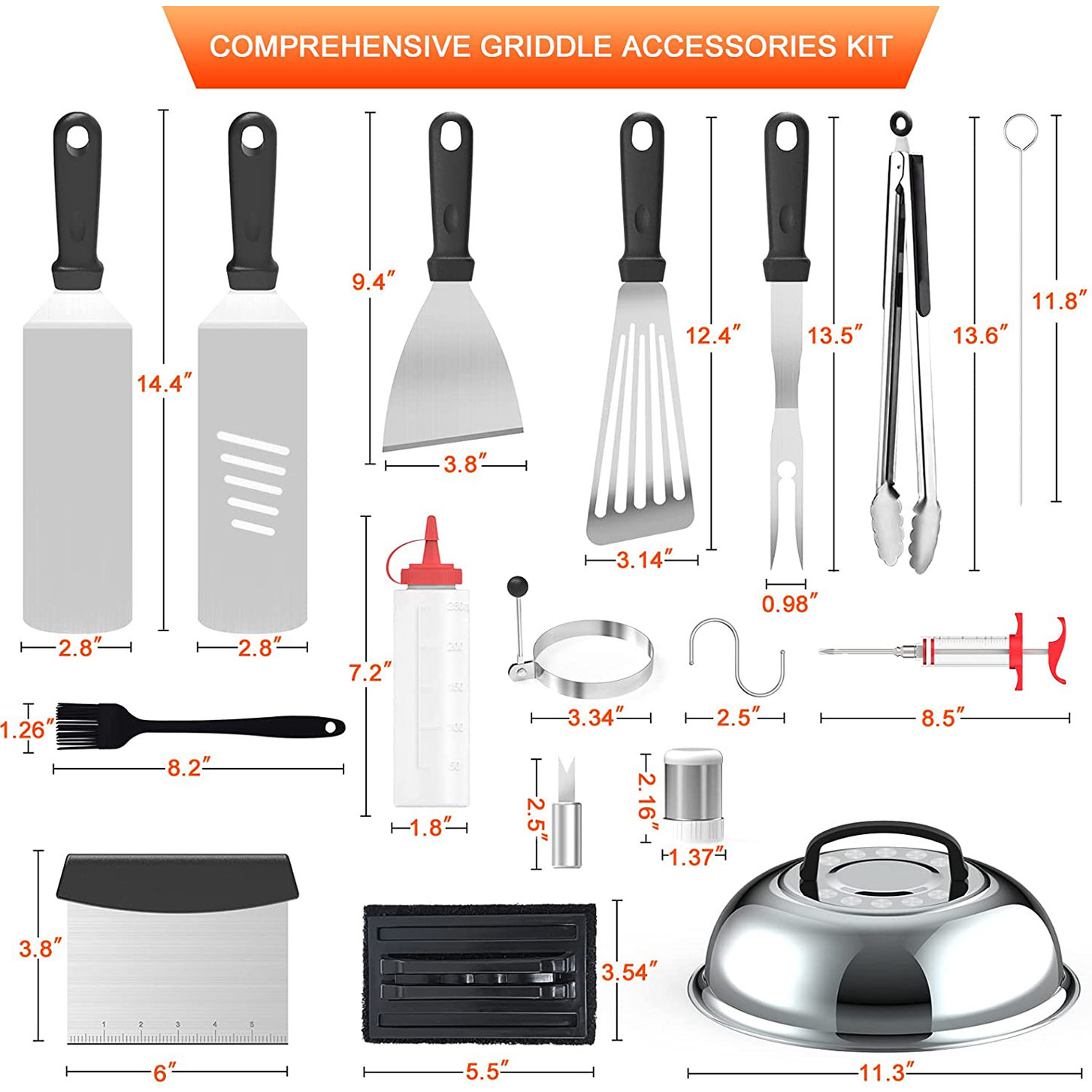 8 PC Men Grill Kit Griddle Flat Top Accessories Scraper BBQ Steel Tools Cook Set 
