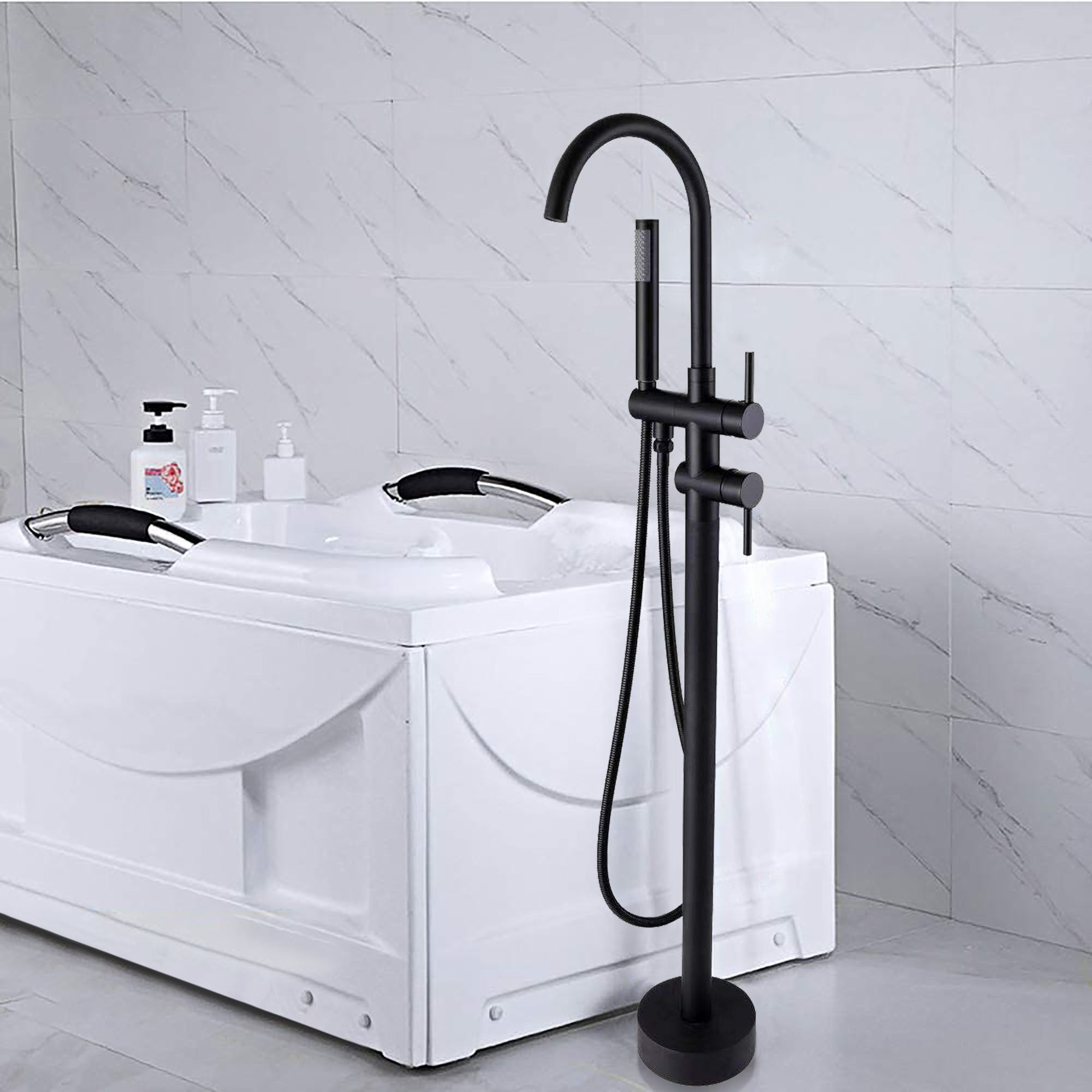 Chrome Floor Mounted Free Standing Bathtub Faucet Handheld Tub Filler