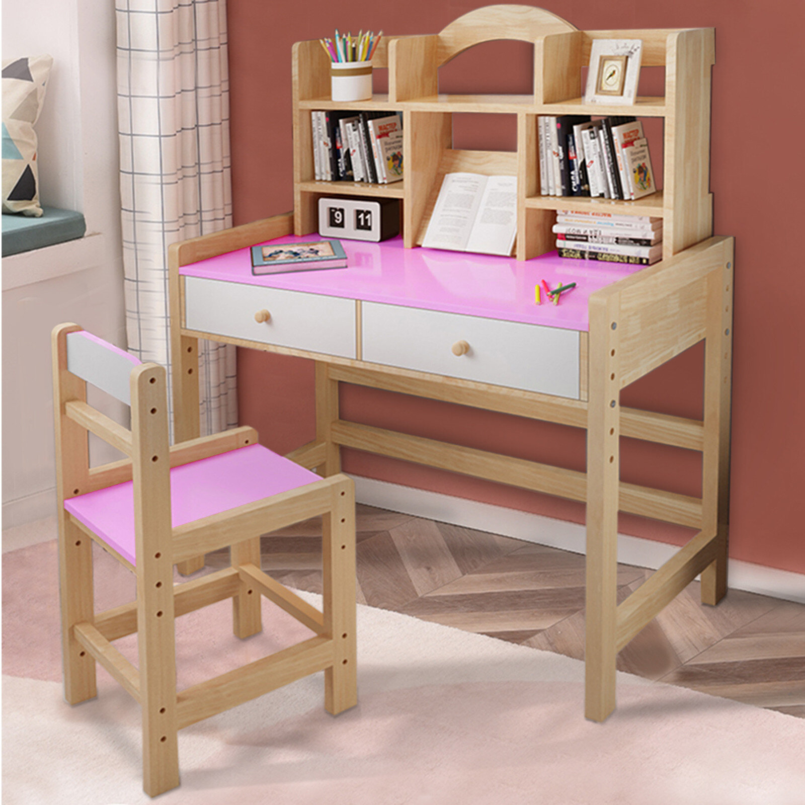 Harriet Bee Adjustable Height Wooden Student Desk And Chair Set With Drawers And Bookshelves