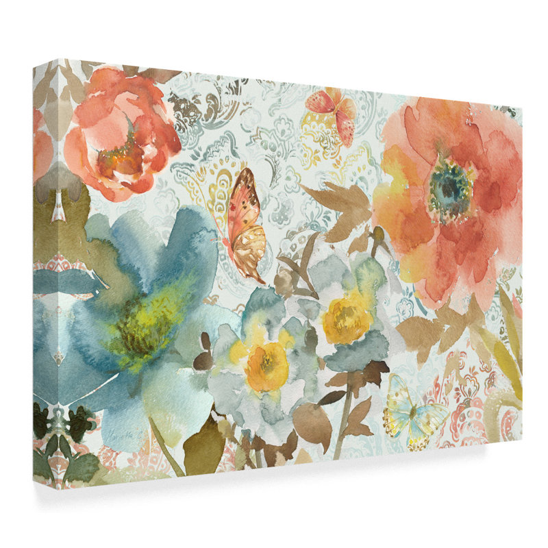 Charlton Home Peonies And Butterfly Acrylic Painting Print On